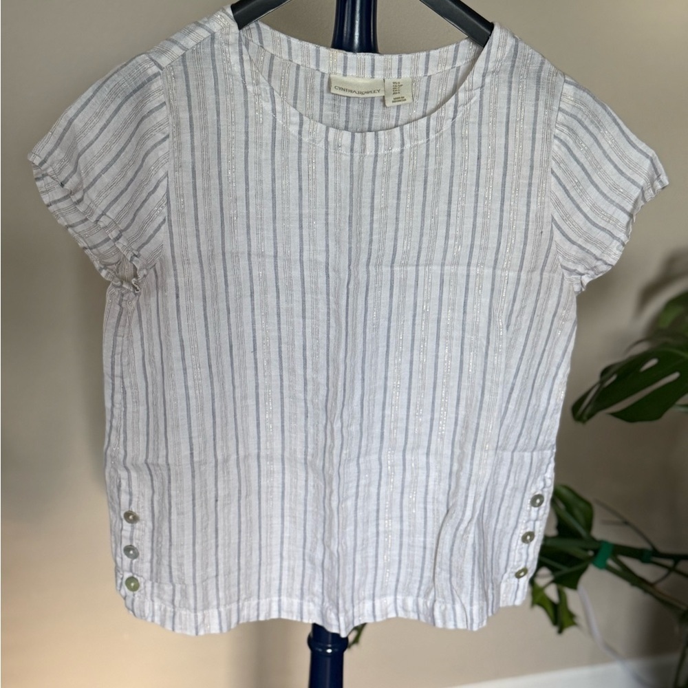 Cynthia Rowley Striped White Top with Side Button Detail & Gold Accent threading